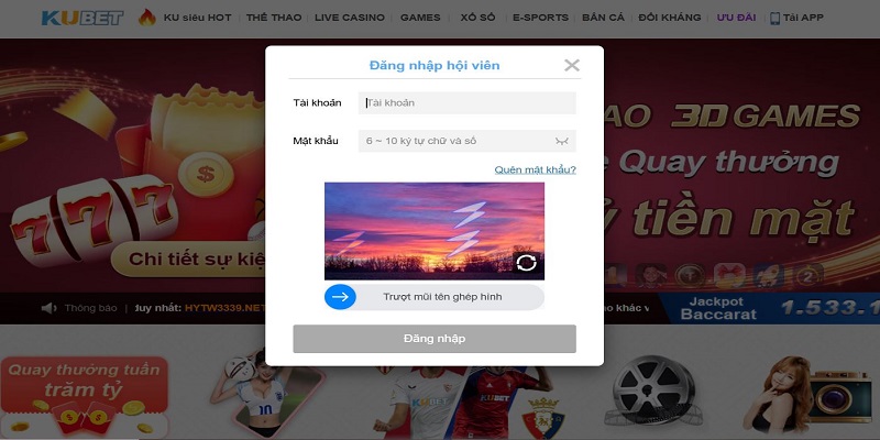 Giao diện đăng nhập Kubet